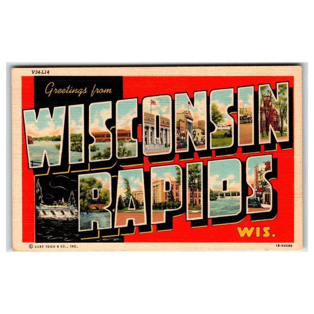 Vintage Greetings from Wisconsin Rapids WIS Large Letter Linen Postcard 1941